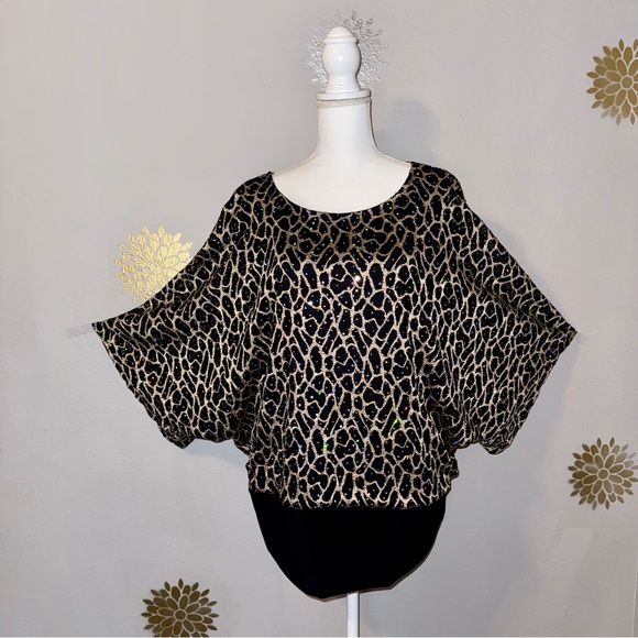 Cato Tops - Catos Women’s Plus‎ 18/20 Black Gold Metallic Top Leopard Print Dolman Sleeves